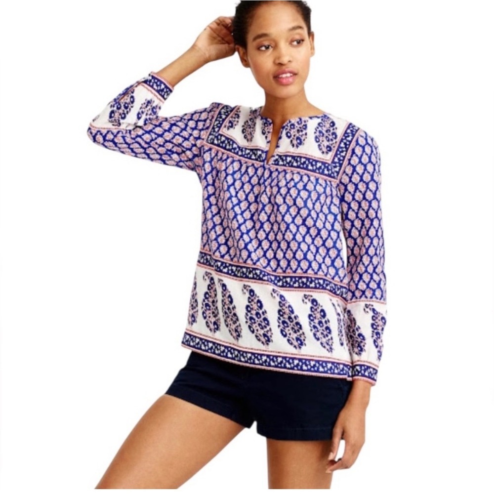 J.Crew Womens Blue Red Paisley Block Print Cotton Split Neck Blouse Size 8